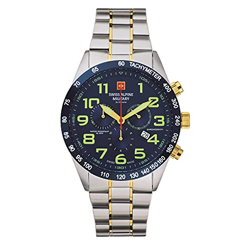 Swiss Alpine Military Orologio Da Uomo Con Cronografo Analogico Al Quarzo, In Acciaio Inox 7047.9, Bic/Bic-Oro/Blu - 9145Sam, Bracciale