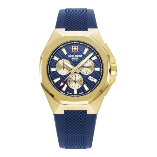 Swiss Alpine Military Orologio Da Uomo Cronografo Analogico Al Quarzo 7005.9 Silicone, Oro/Blu/Blu - 9815Sam, Cinghia