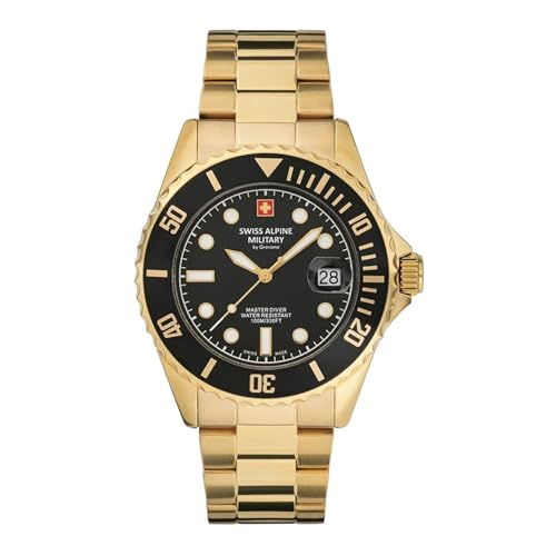 Swiss Alpine Military, 7053.1 - Orologio Analogico Al Quarzo, Da Uomo, Master-Diver, In Acciaio Inox, Oro/Nero/Nero – 1117Sam.