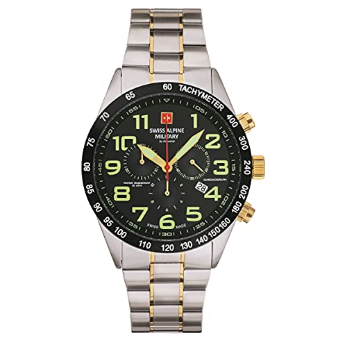 Swiss Alpine Military Orologio Da Uomo Con Cronografo Analogico Al Quarzo, In Acciaio Inox 7047.9, Bic/Bic-Oro/Nero - 9147Sam, Bracciale
