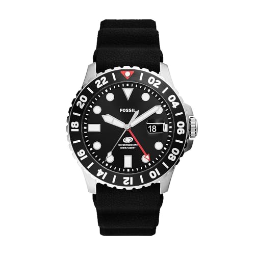 Fossil Orologio Blue Gmt Da Uomo, Movimento A Tre Lancette Con Data, Acciaio Inossidabile, Cassa 46 Mm, Cinturino In Silicone, Nero, Nero