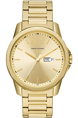 Armani Exchange Orologio A Tre Lancette Uomo, Cassa In Acciaio Inossidabile Riciclato Da 44 Mm In Oro (Almeno 50%) Con Bracciale In Acciaio Inossidabi