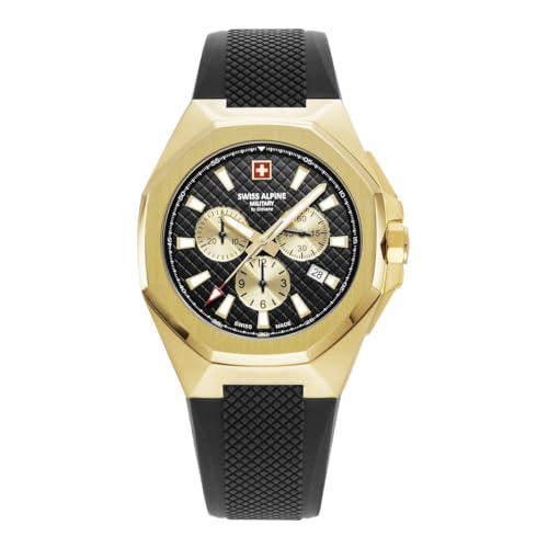 Swiss Alpine Military Orologio Da Uomo Cronografo Analogico Al Quarzo 7005.9 Silicone, Oro/Nero/Nero - 9817Sam, Cinghia