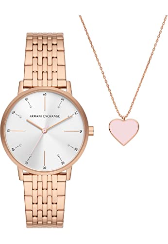 Armani Exchange Orologio A Tre Lancette Al Quarzo Donna, Cassa In Acciaio Inossidabile Oro Rosa 36 Mm Con Bracciale In Acciaio Inossidabile, Ax7145Set