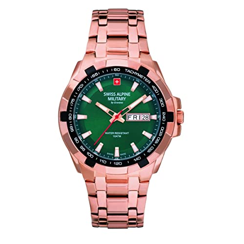 Swiss Alpine Military Orologio Da Uomo Analogico Al Quarzo 7043.1 Acciaio Inossidabile, Rosa/Rosa/Verde - 1164Sam, Bracciale