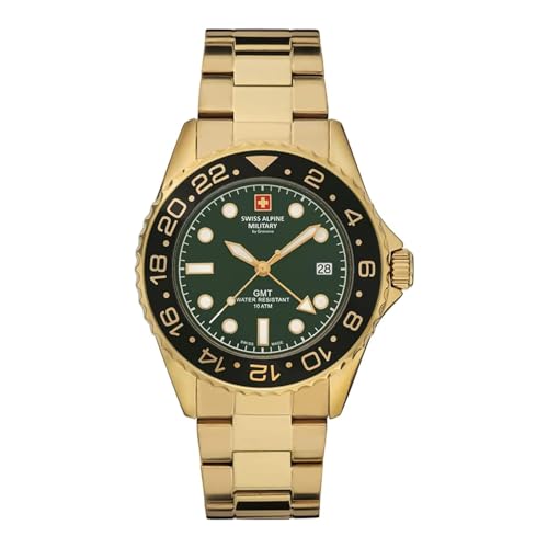 Swiss Alpine Military 7052 - Orologio Analogico Al Quarzo, Gmt, Da Uomo, In Acciaio Inox, Oro/Nero/Verde - 1114Sam