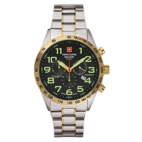 Swiss Alpine Military Orologio Da Uomo Con Cronografo Analogico Al Quarzo, In Acciaio Inox 7047.9, Bic/Bic-Gold/Schwarz - 9144Sam,