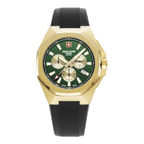 Swiss Alpine Military Orologio Da Uomo Cronografo Analogico Al Quarzo 7005.9 Silicone, Oro/Nero/Verde - 9814Sam