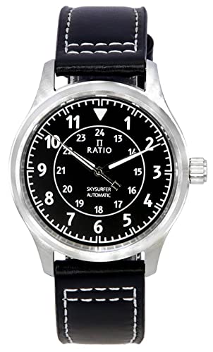 Ratio Skysurfer Pilot Black Sunray Quadrante Pelle Automatico Rts314 200M Orologio Uomo, Nero, Cinturino