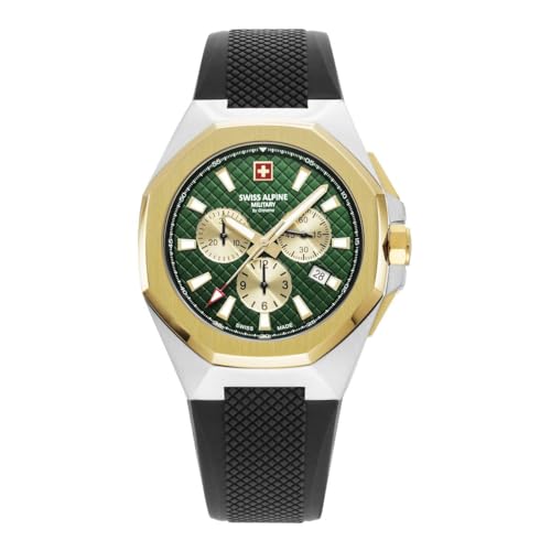 Swiss Alpine Military Orologio Da Uomo Cronografo Analogico Al Quarzo 7005.9 Silicone, Bic-Oro/Nero/Verde - 9844Sam, Cinghia