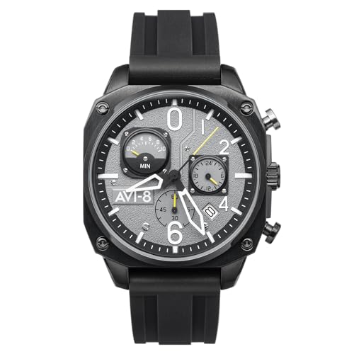 Avi-8 Mens 45Mm Hawker Hunter Retrograde Chronograph Tactical Black Japanese Quartz Pilot Watch With Rubber Strap Av-4052-R1