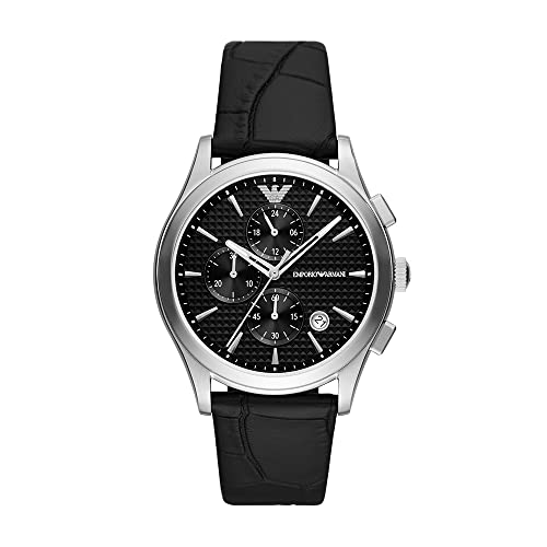 Emporio Armani Orologio Da Uomo, Movimento Cronografo, Cassa In Acciaio Inossidabile Riciclato Da 42 Mm In Argento (Almeno 50%) Con Cinturino In Pelle