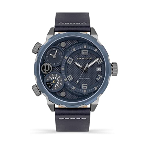 Police Ray Pewjb2195340 - Orologio Multifunzione Da Uomo Con Quadrante Blu E Cinturino In Pelle Blu, Cassa In Acciaio Inox Da 51 Mm, In Confezione Reg