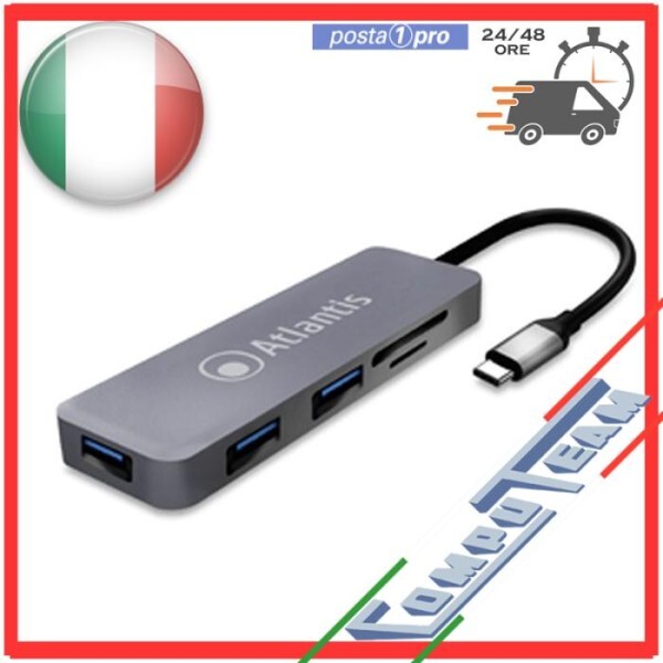 ADATTATORE ATLANTIS Da Usb Type c Ad Hub Usb-3.0 (3 Porte) + Lettore Card Reader