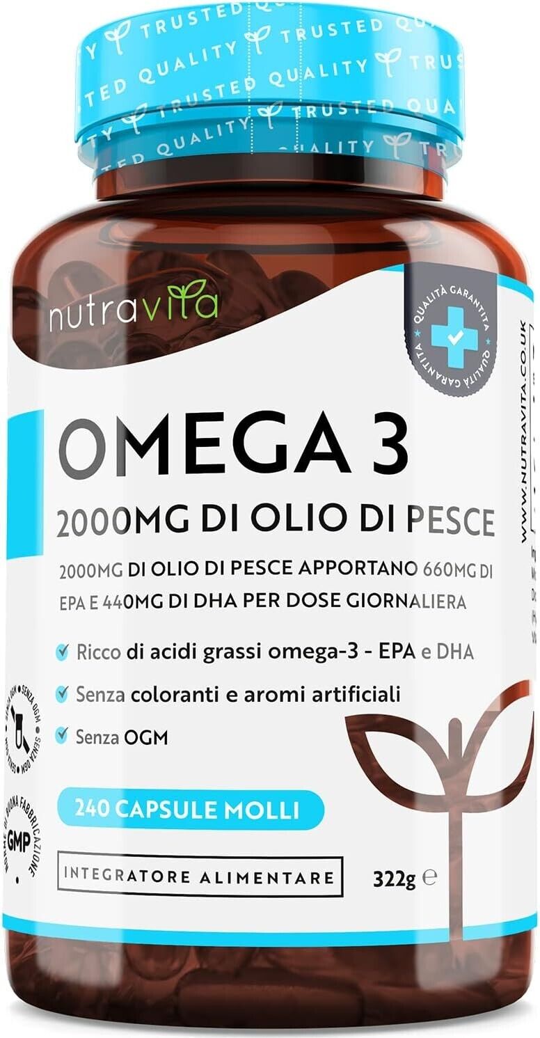 Omega 3 Olio di Pesce da 2000 mg - 660 mg EPA e 440 mg DHA per Porzione - 240 Om