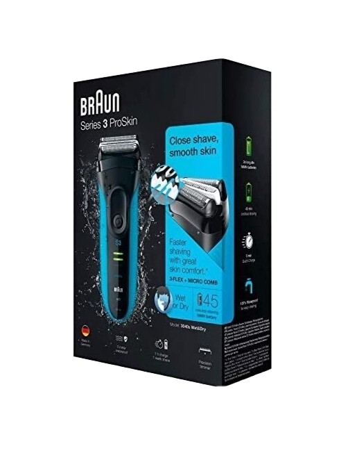 Braun Rasoio a Lamina Series 3 ProSkin 3040s Elettrico Ricaricabile Nero / Blu