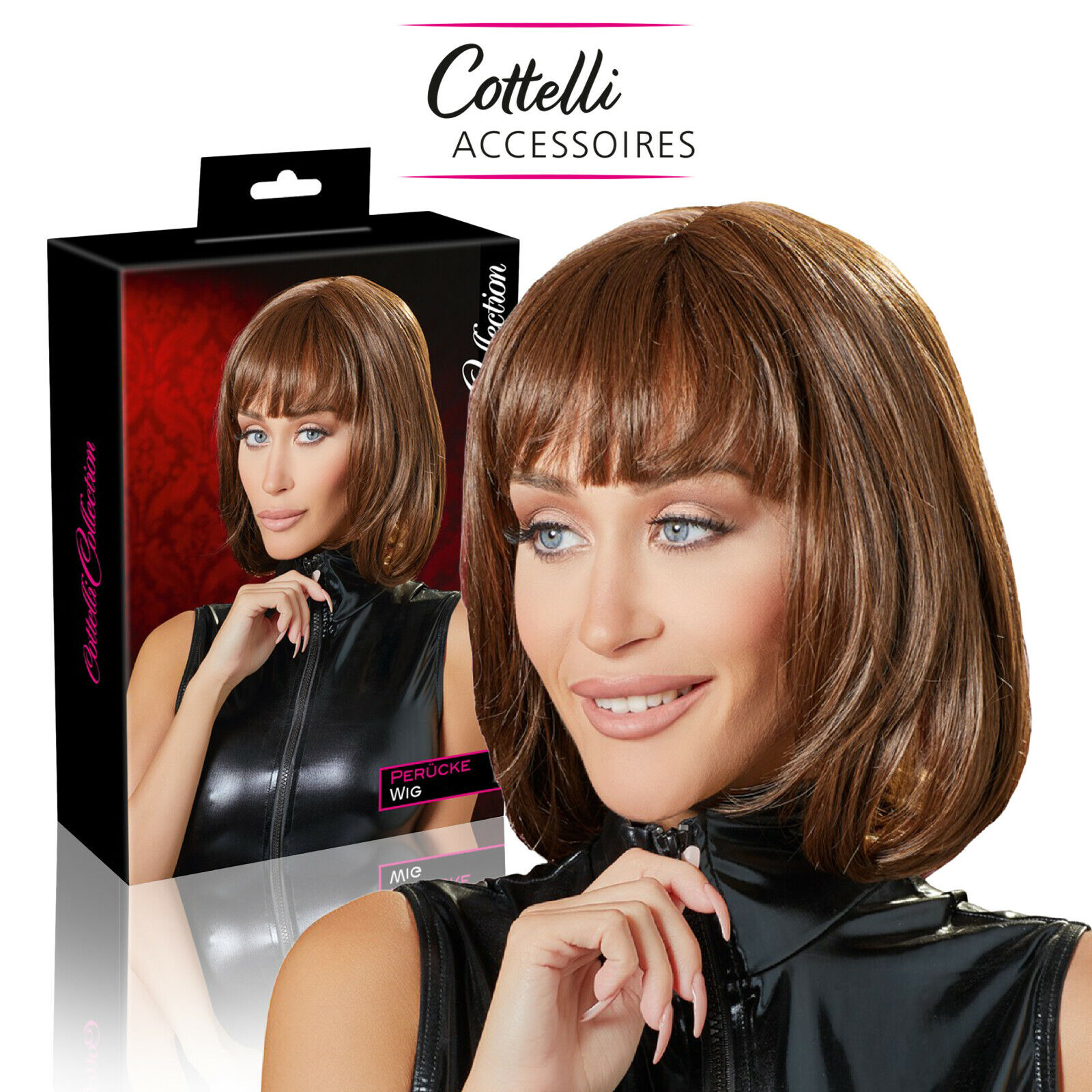 Cottelli Collection Long Fringe Brown Bob Wig Parrucca Caschetto Lisci Castani