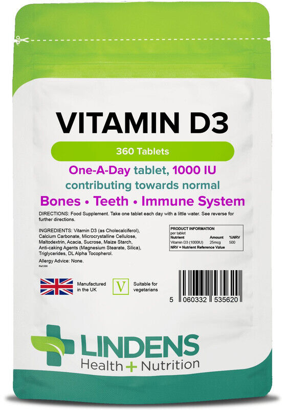 Lindens Vitamin D3 1000 UI 360 Compresse d 3 D-3 Supplemento di alta qualità