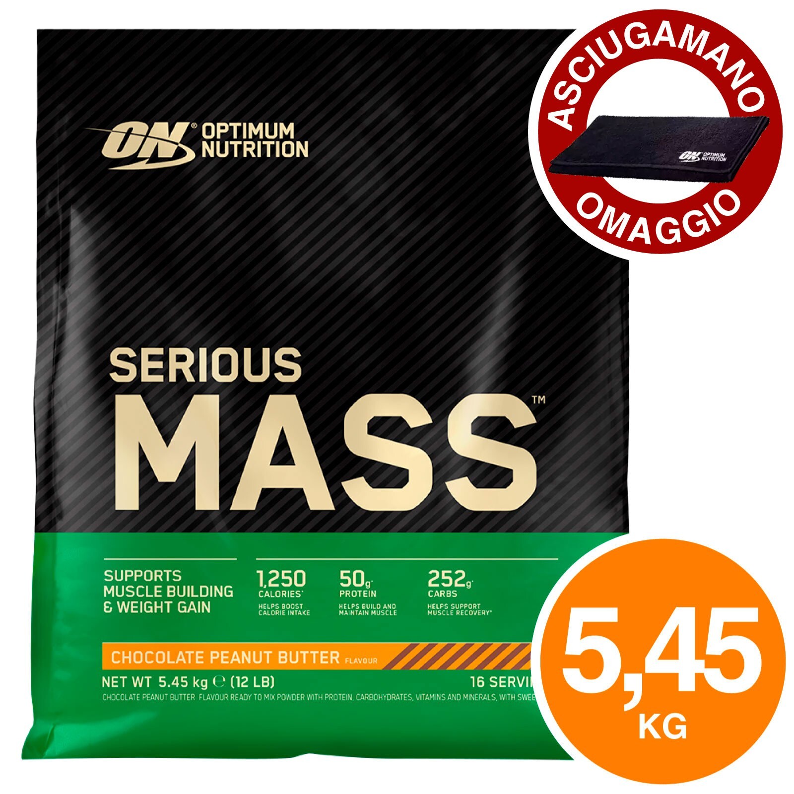 ON Optimum Nutrition Serious Mass Cioccolato Burro d'Arachidi 5,45Kg Asciugamano