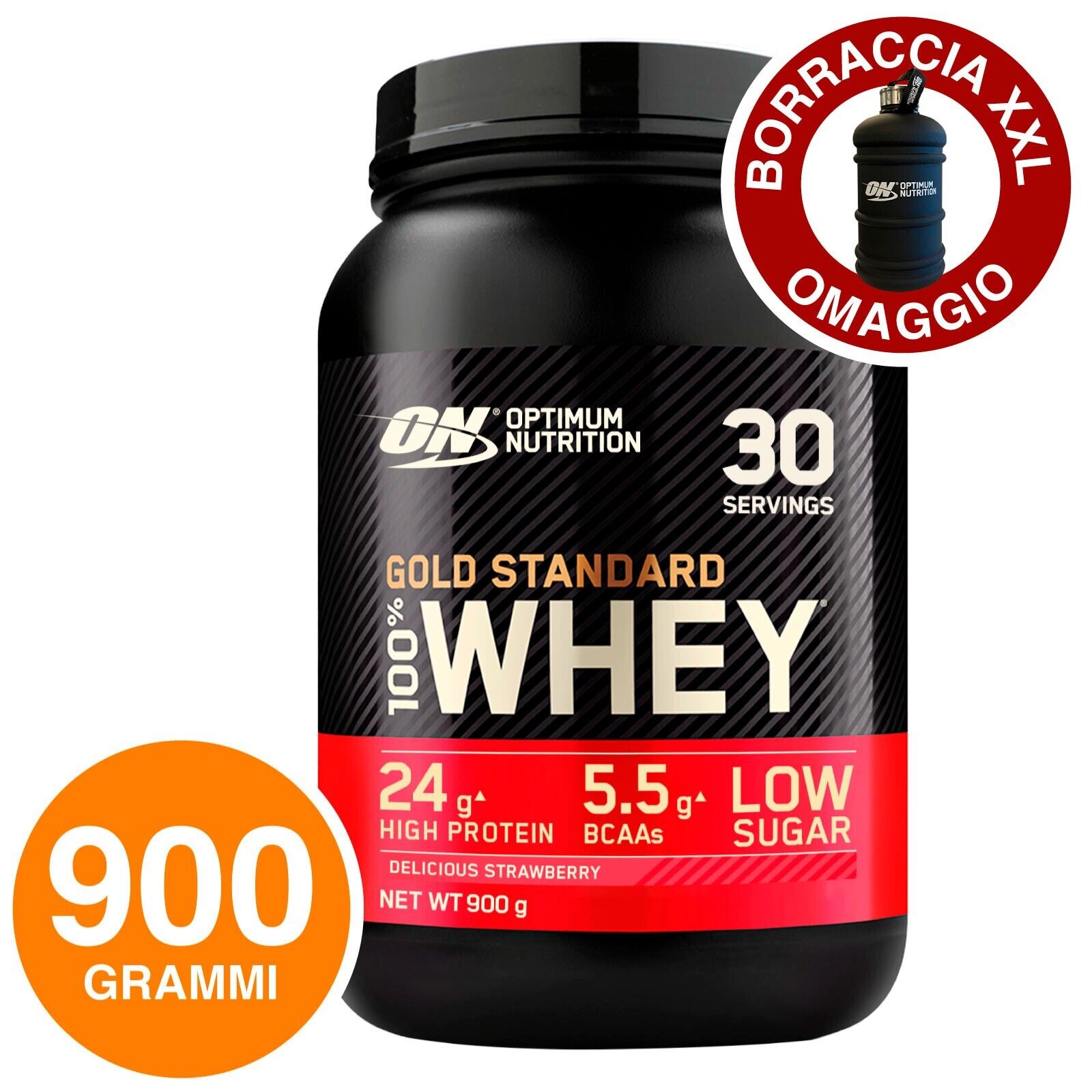 ON Optimum Nutrition Gold Standard Whey Proteine Fragola 900g + Borraccia XXL