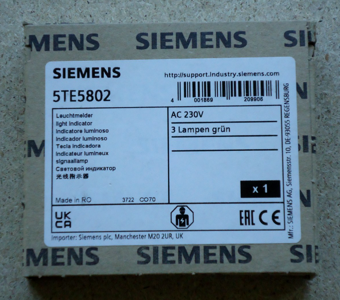 SIEMENS 5TE5802 3 SPIE VERDI AC 230V 1 MODULO LAMPADA SEGNALAZIONE