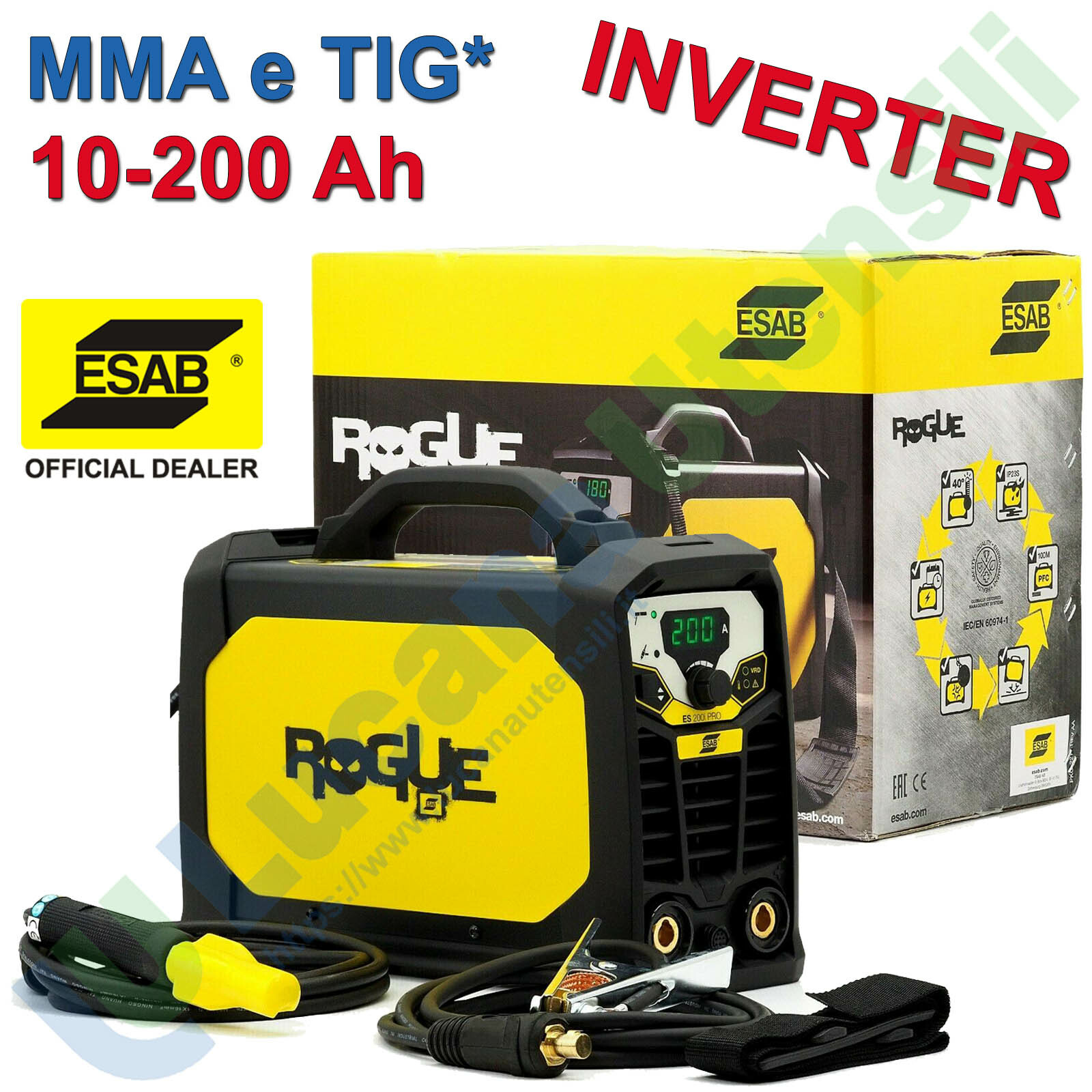 Saldatrice Inverter ad Elettrodo 200A ESAB Kit Cavi Pinze MMA ROGUE ES 200i PRO