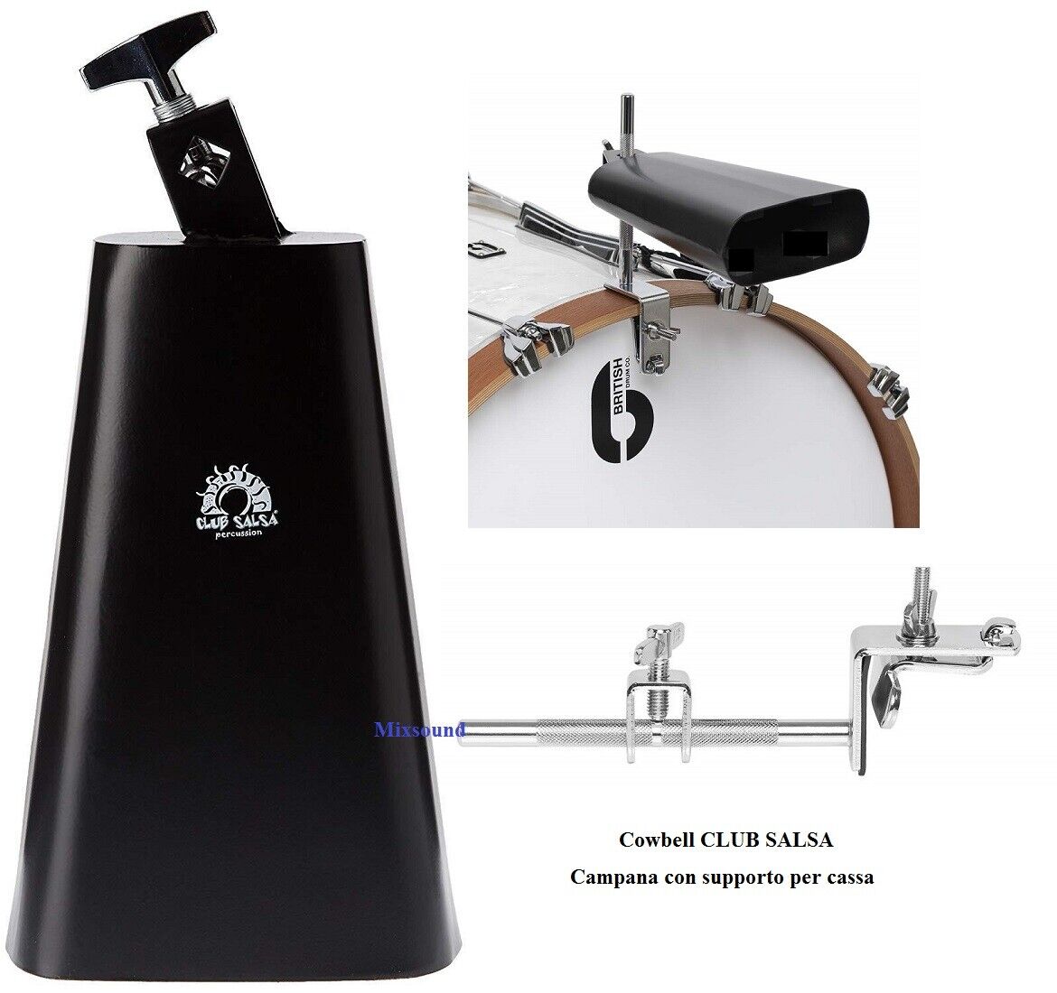 Cowbell 7" CLUB SALSA Campana Campanaccio percussione con supporto per cassa