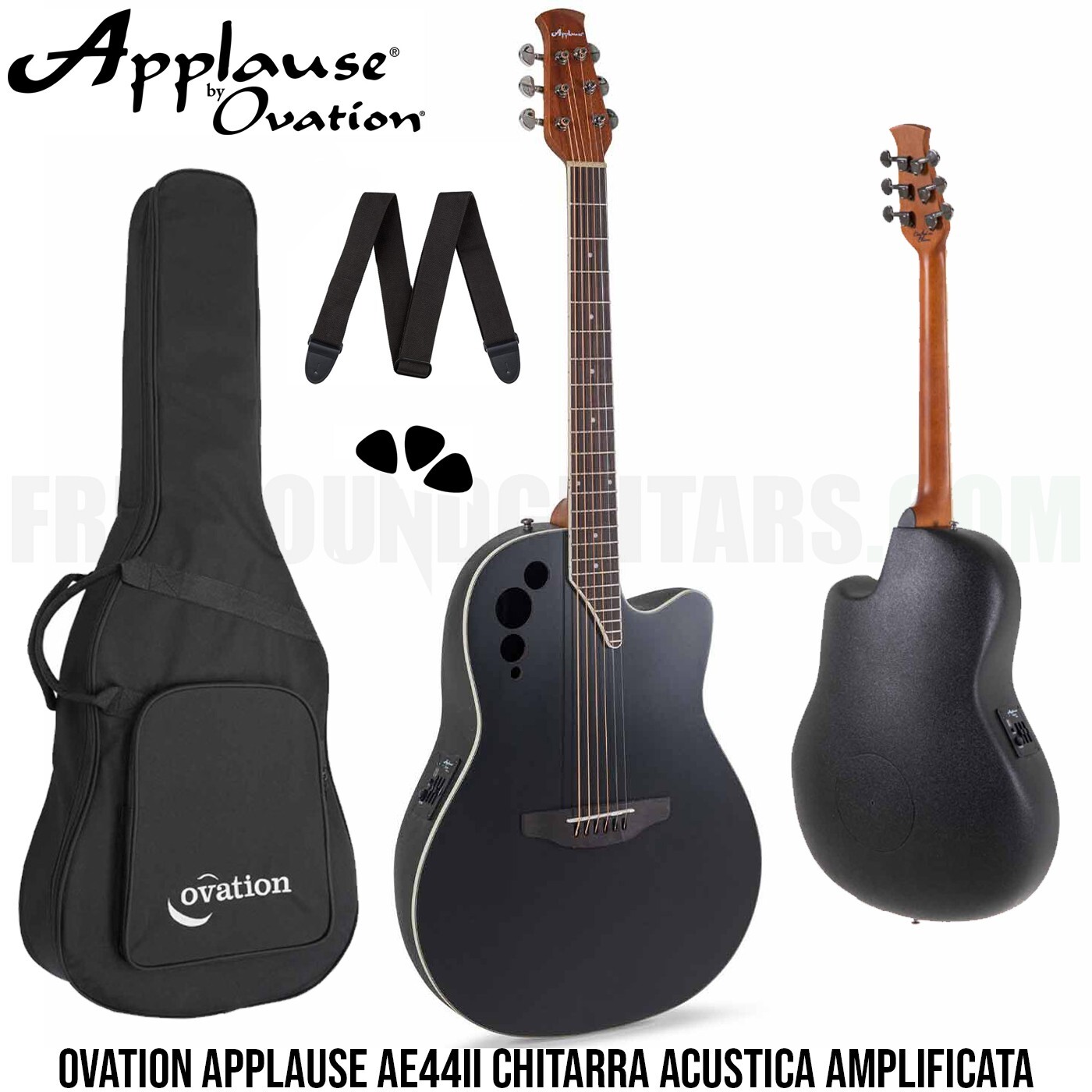 Ovation Applause AE44II Chitarra Acustica Amplificata Nera + Custodia Accessori