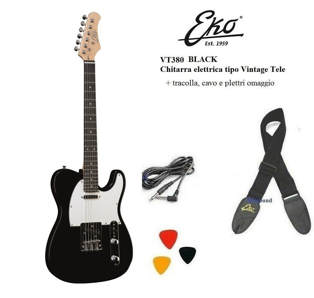 EKO VT380 BLACK Chitarra elettrica tipo Telecaster Nera con tracolla + cavo