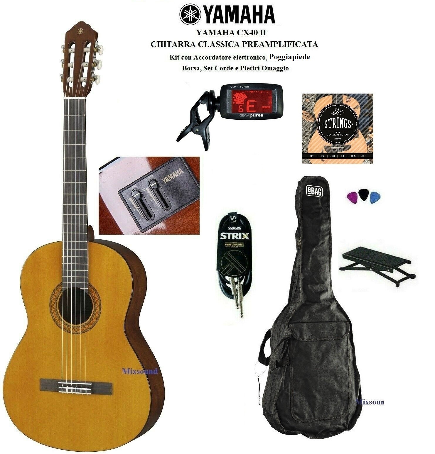 YAMAHA CX40 CHITARRA CLASSICA AMPLIFICATA + BORSA ACCORDATORE POGGIAPIEDE CORDE