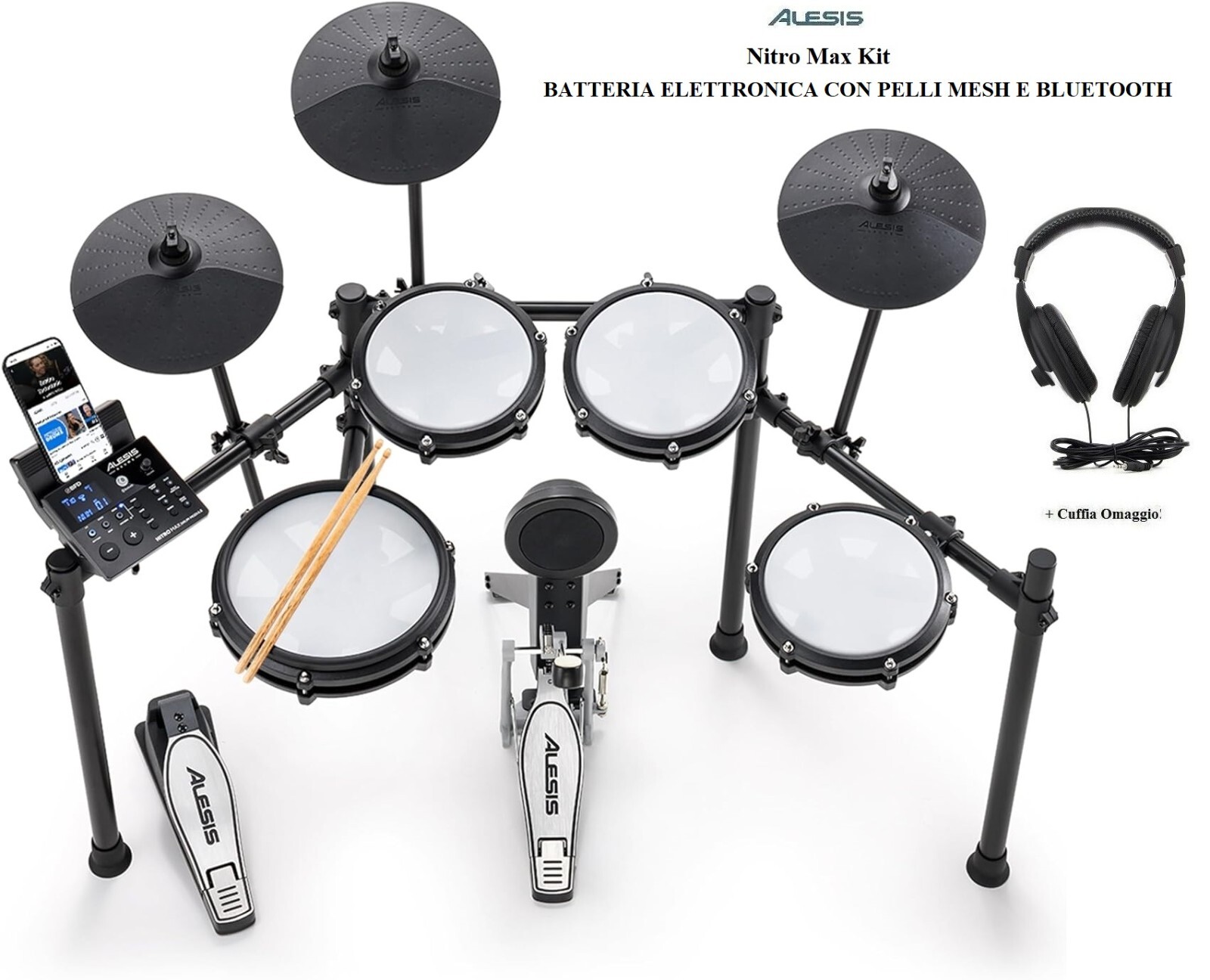 Alesis Nitro Max Kit Batteria Elettronica 8 PAD Pelli Mesh Bluetooth Usb +CUFFIA