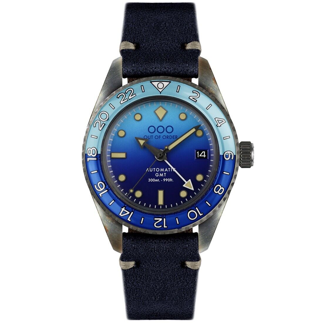 Out of Order BOMBA BLU GMT Automatico Acciaio Pelle Data Zaffiro Orologio Uomo