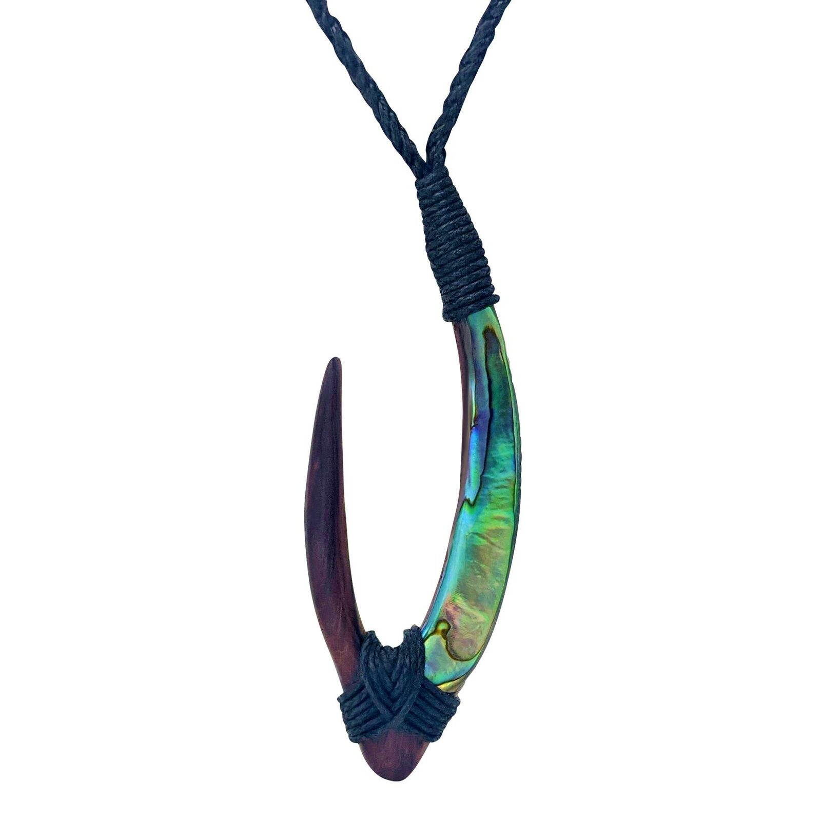 Hand Carved Wood Abalone Long Hei Matau Pendant Necklace