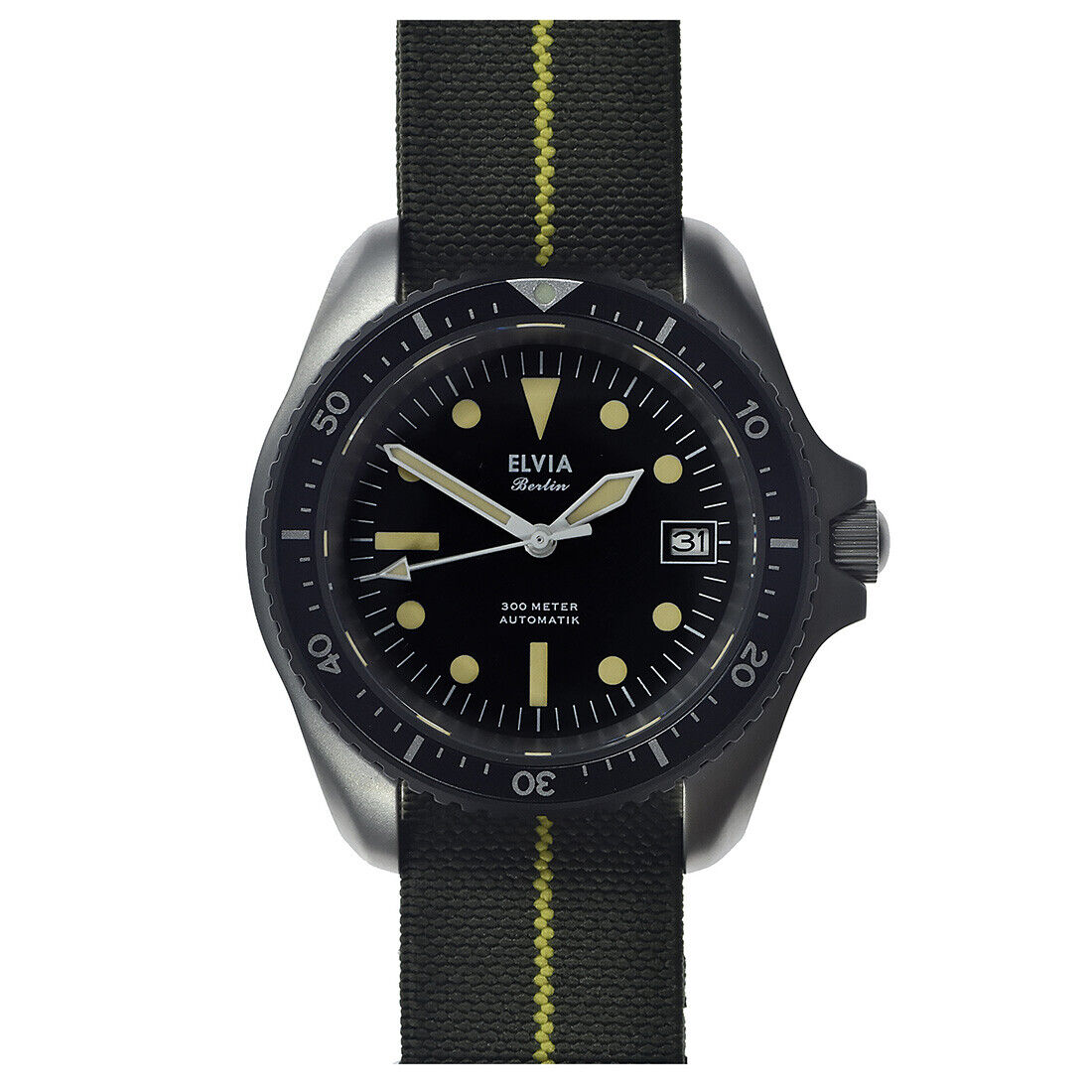 MWC Elvia Automatico Acciaio Nero Grigio Data Militare Orologio Uomo