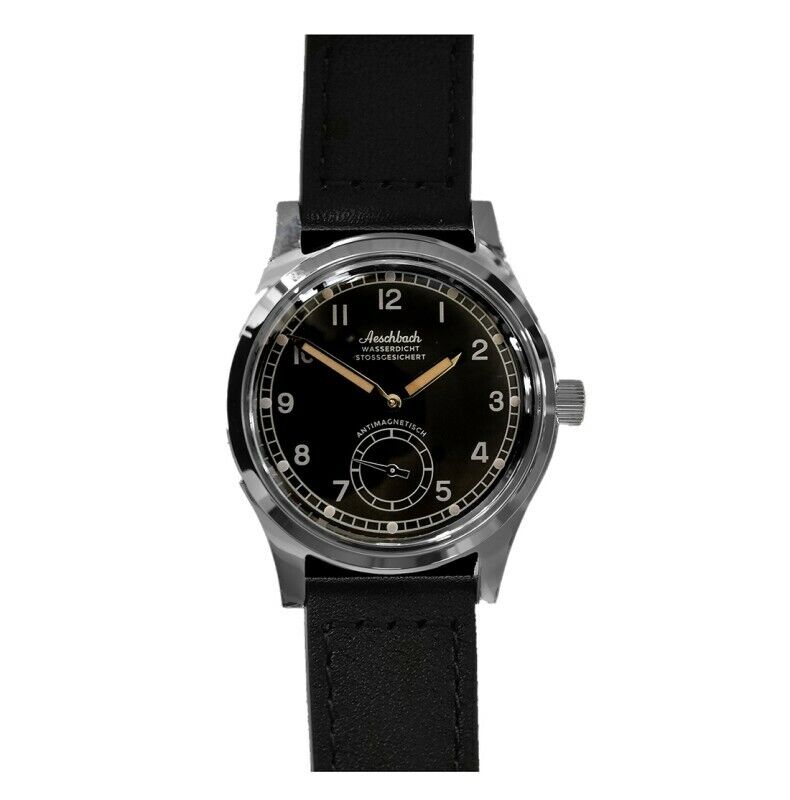MWC Aeschbach WW2 Automatico Acciaio Nero Pelle Militare Orologio Uomo