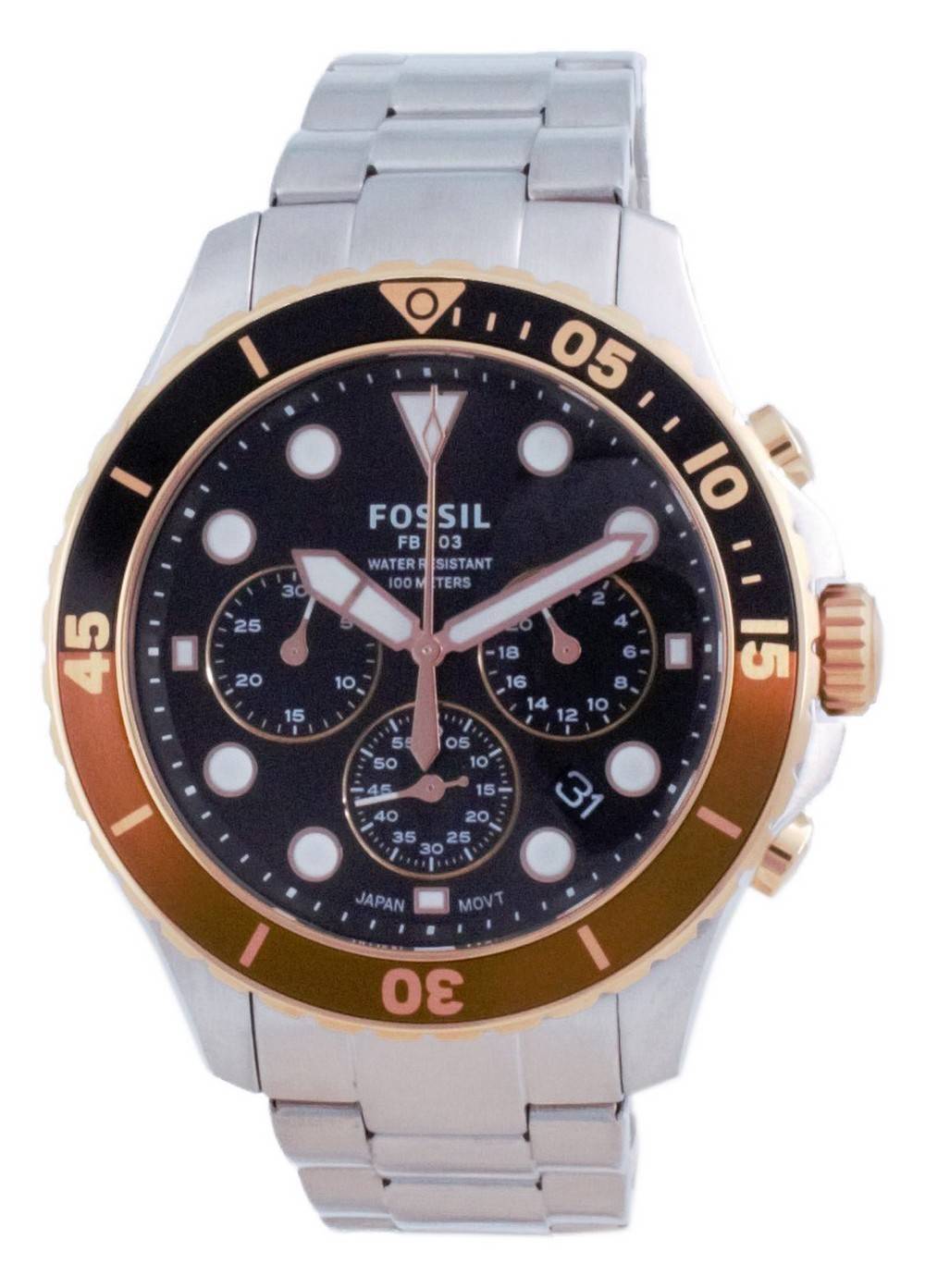 Orologio Uomo FOSSIL FB-03 FS5768 Chrono Bracciale Acciaio Nero Rosè Sub 100mt