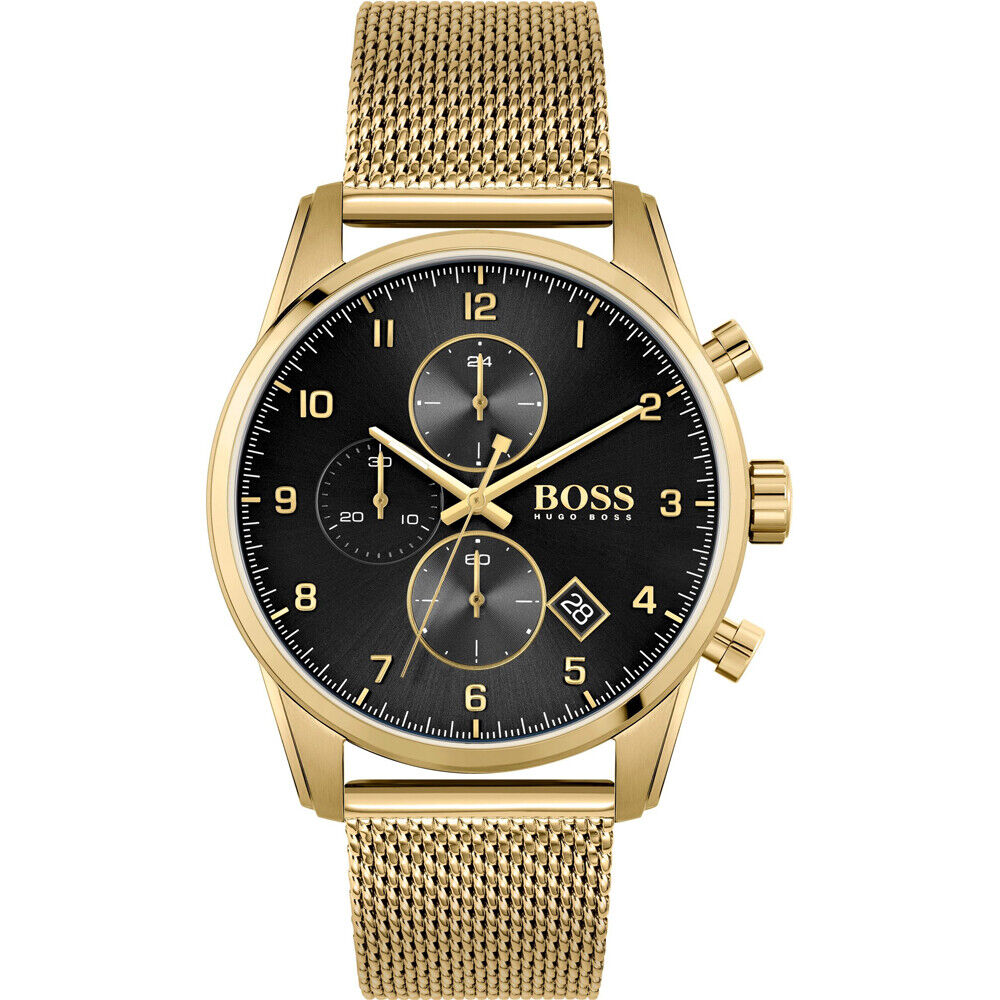 Orologio Uomo HUGO BOSS SKY MASTER 1513838 Chrono Acciaio Mesh Gold Dorato Nero