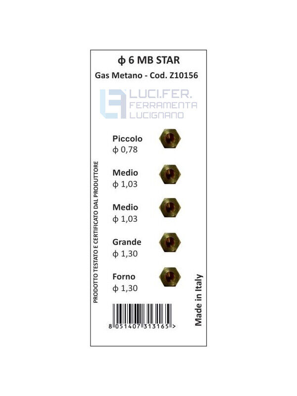 KIT UGELLI INIETTORI FORNELLI GAS METANO MB6 UNIVERSALI X PIANO COTTURA FORNO