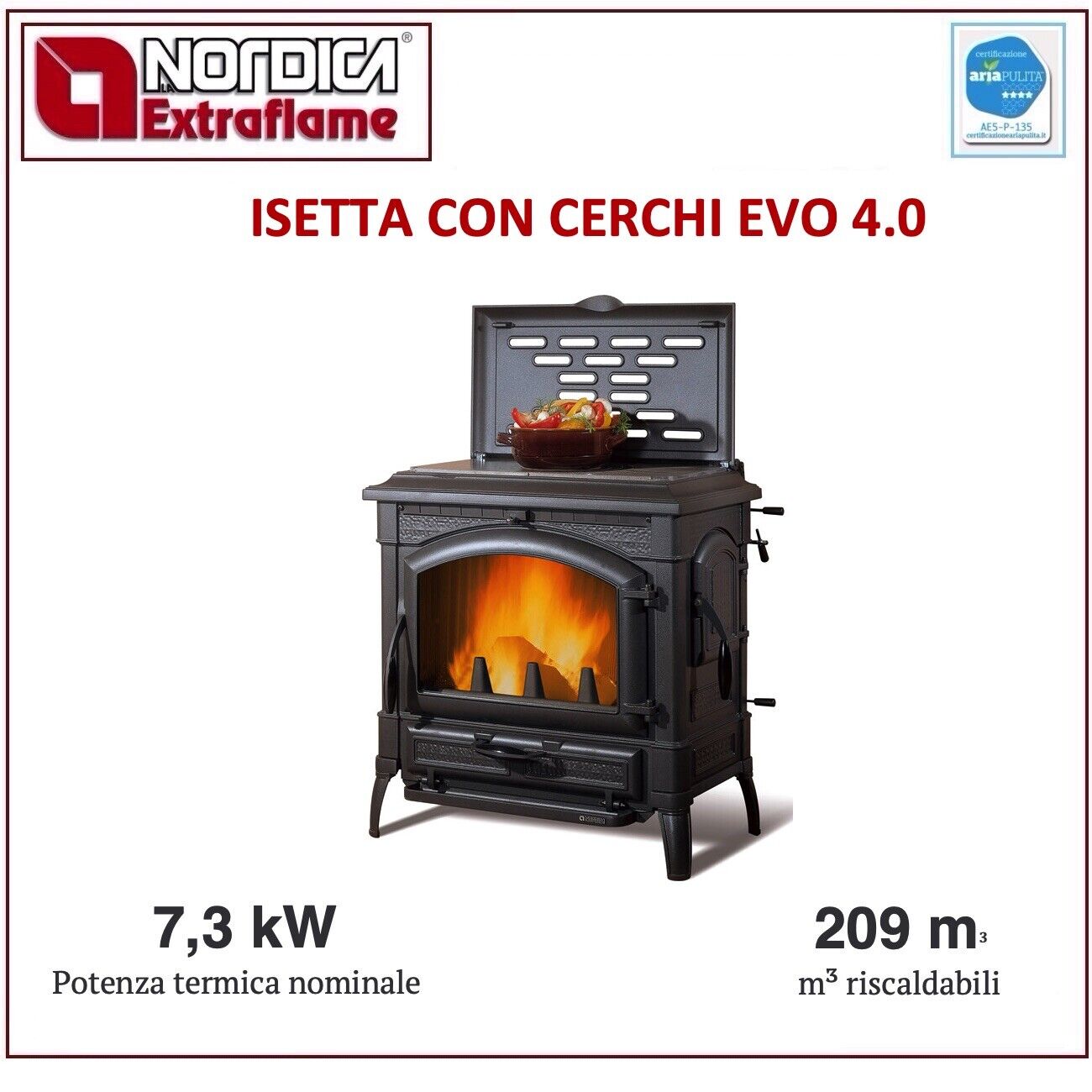 LA NORDICA ISETTA CON CERCHI EVO 4.0 STUFA A LEGNA POTENZA 7,3KW GHISA 7119012