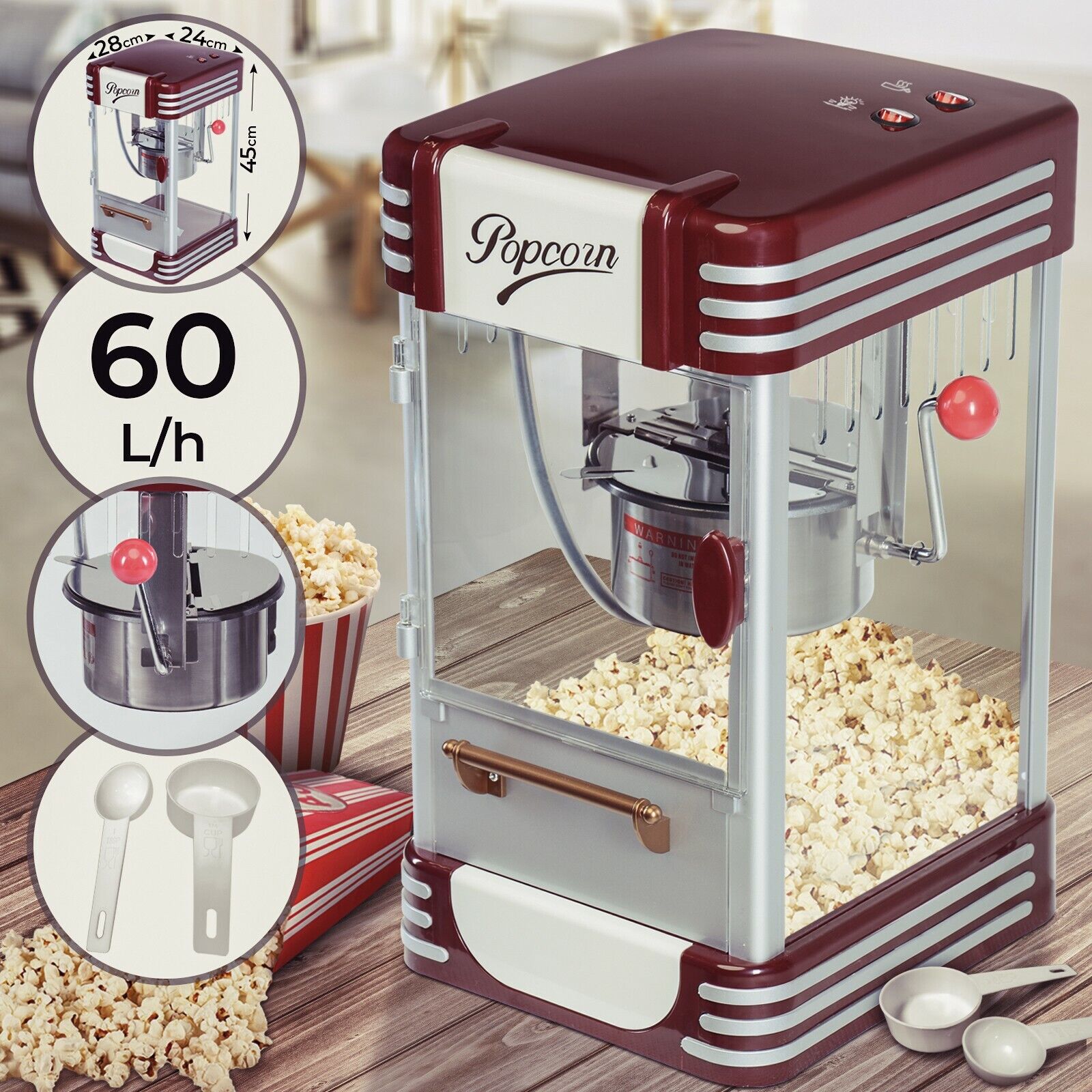 Jago® Macchina Pop Corn Retro Aria Calda Popper Popcorn Maker e Misurini Cinema