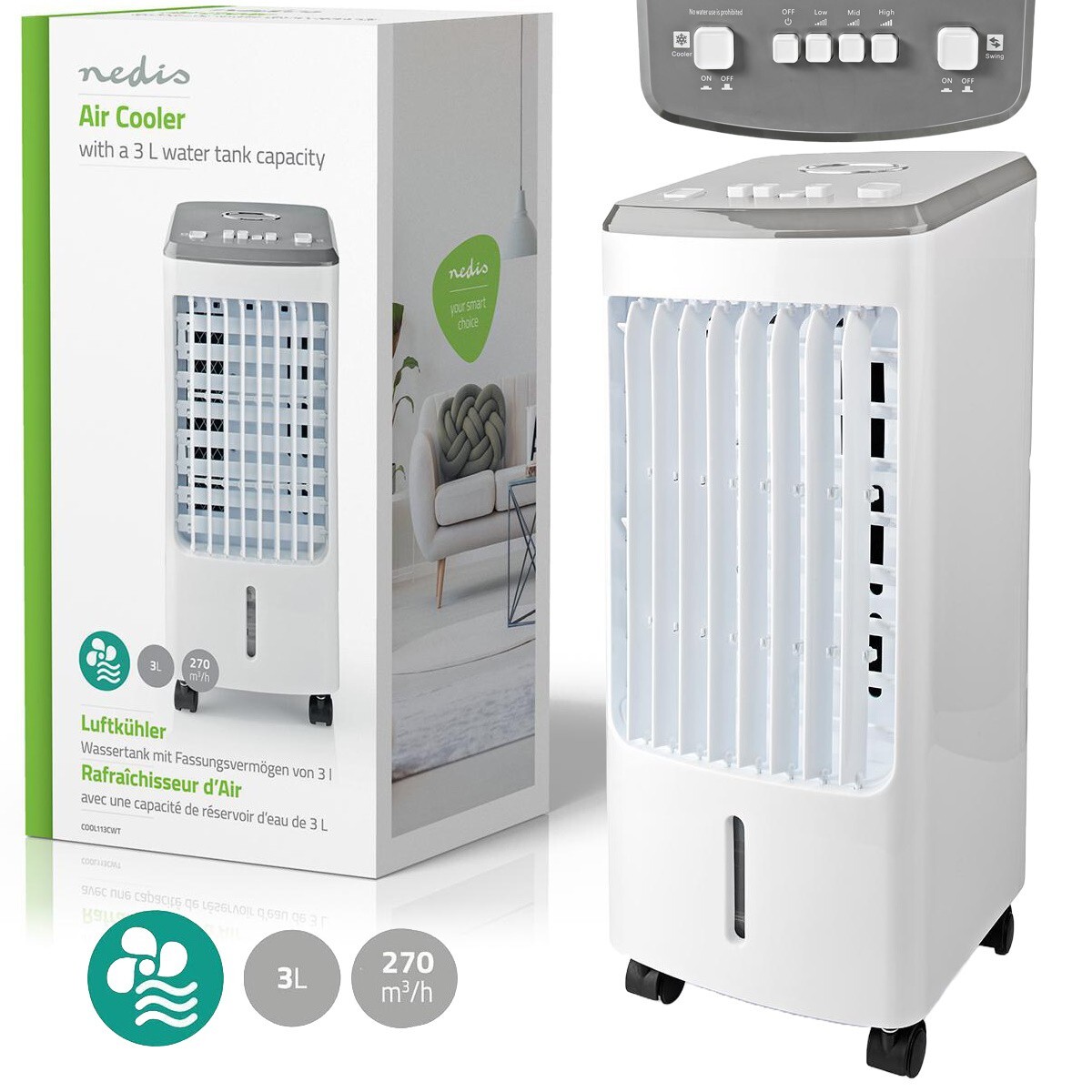 RAFFRESCATORE VENTILATORE ARIA CON GHIACCIO 3 LITRI POTENZA 80WATT NEDIS ITALIA