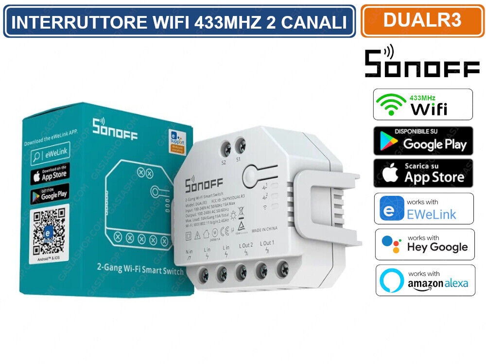 SONOFF DUALR3 INTERRUTTORE WIFI 433MHZ 2 CANALI GESTIONE REMOTA CON SMARTPHONE