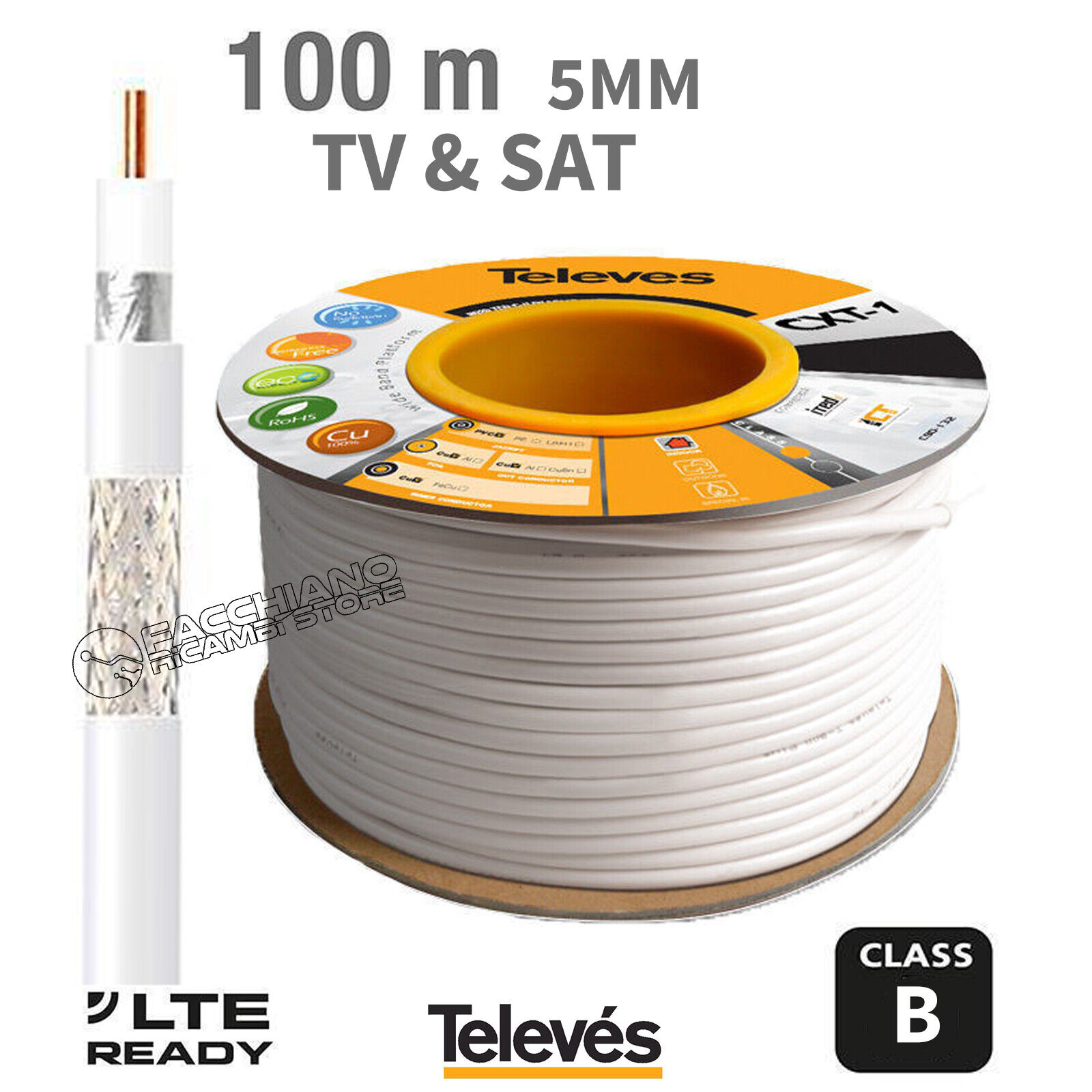CAVO ANTENNA TV SAT COASSIALE BOBINA DA 100mt SEZIONE 5MM TELEVES 210603