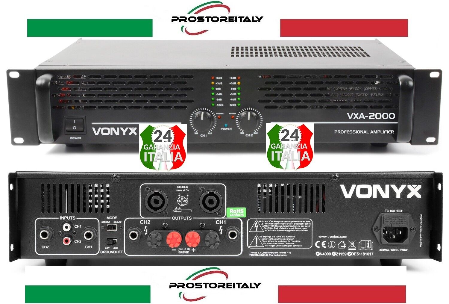 AMPLIFICATORE AUDIO PROFESSIONALE PA VXA-2000 2X 1000W  4-8 ohm Ponticellabile!!