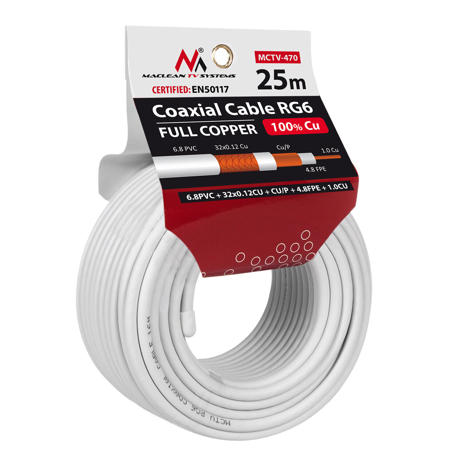 Cavo cavo coassiale RG6 25M 1.02CU + 4.8FPE + CU / P + 32 * 0.12CU + 6.8PVC