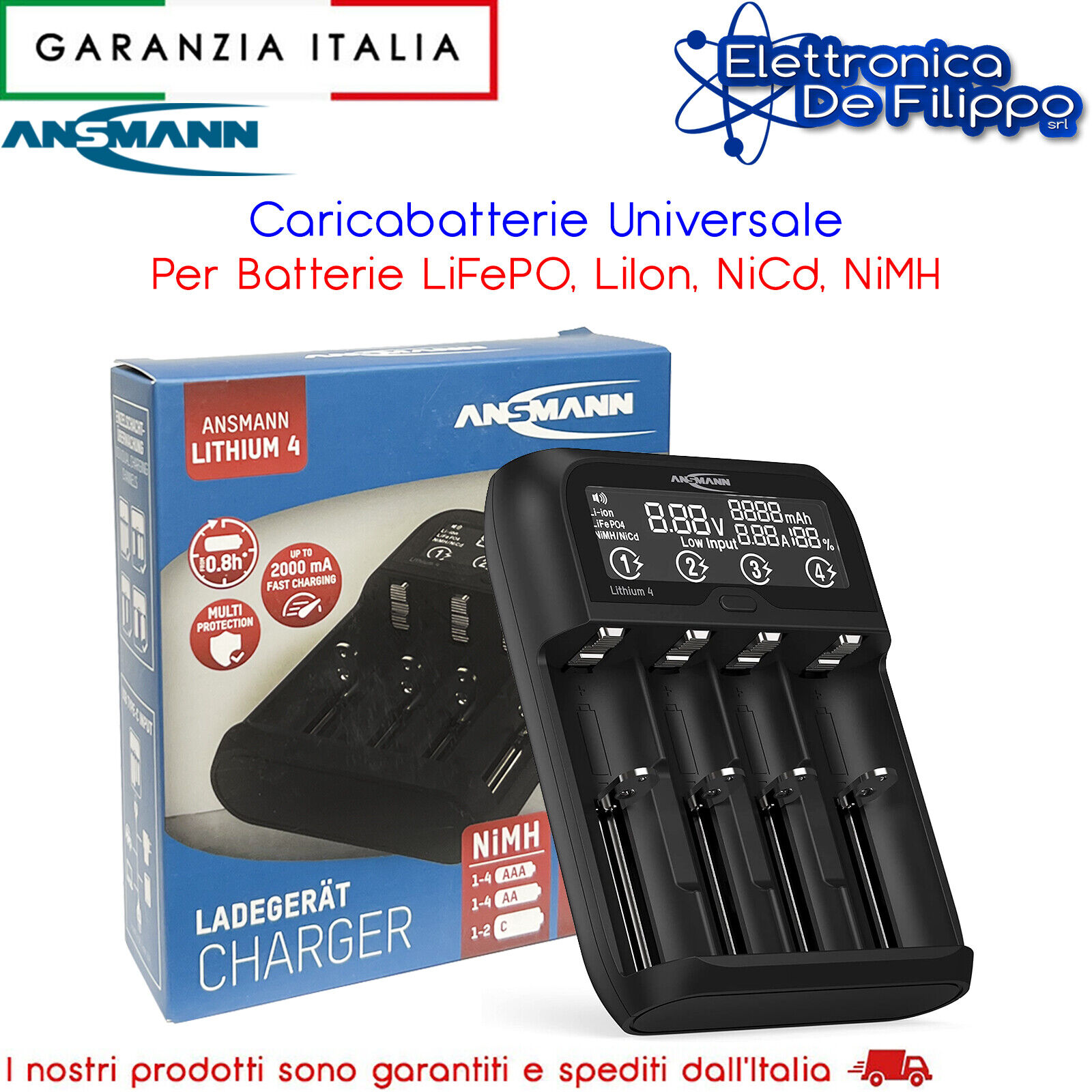 Caricabatterie Universale Per Batterie LiFePO, LiIon, NiCd, NiMH