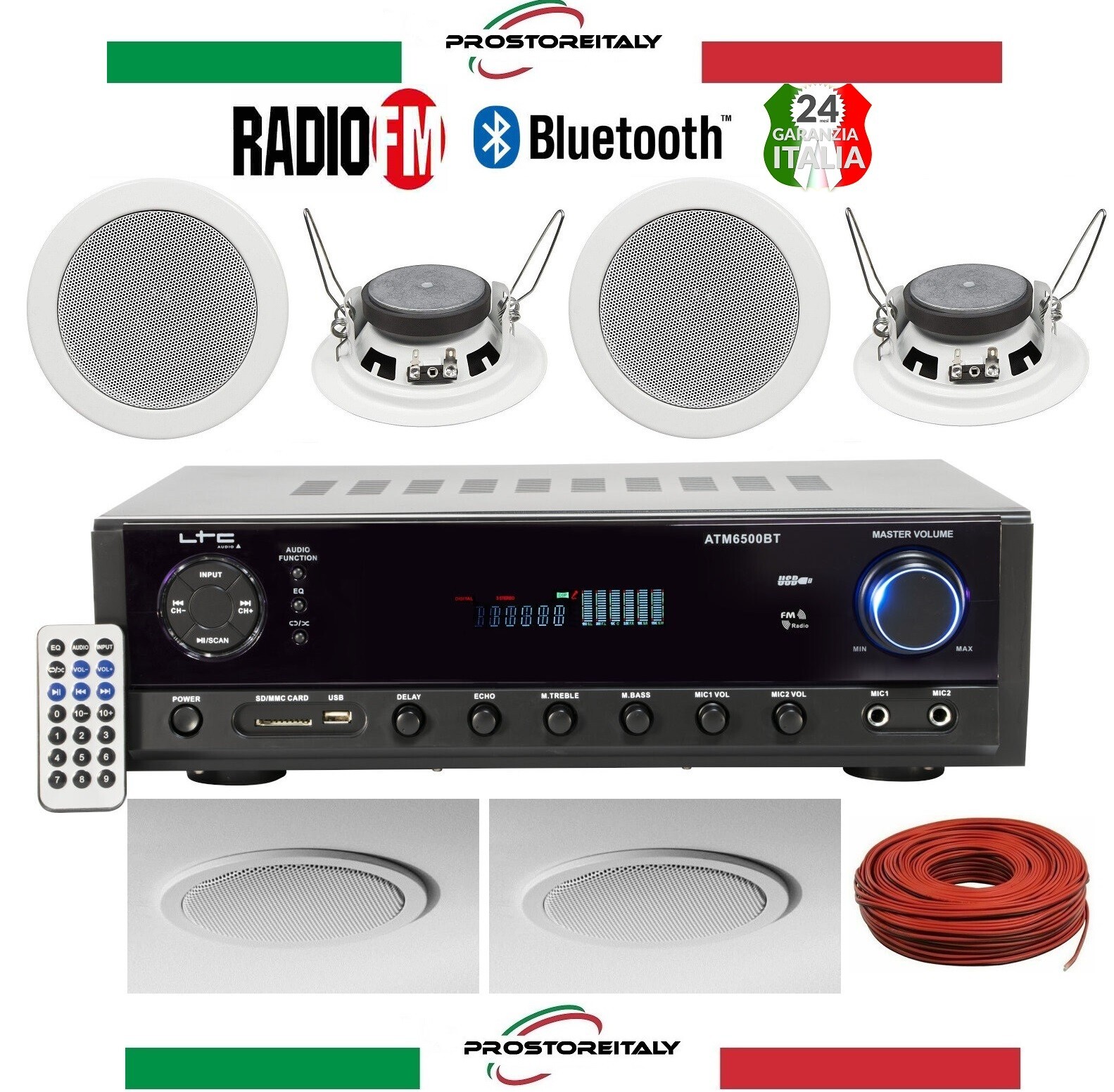 KIT AUDIO FILODIFFUSIONE FM USB SD BLUETOOTH+4 SPEAKERS INCASSO DIAMETRO CM 13