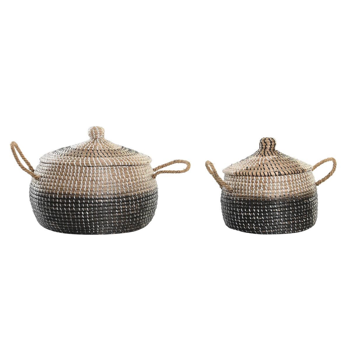 Set di Cestini DKD Home Decor Grigio Naturale Bicolore Erba di mare Boho 41 x