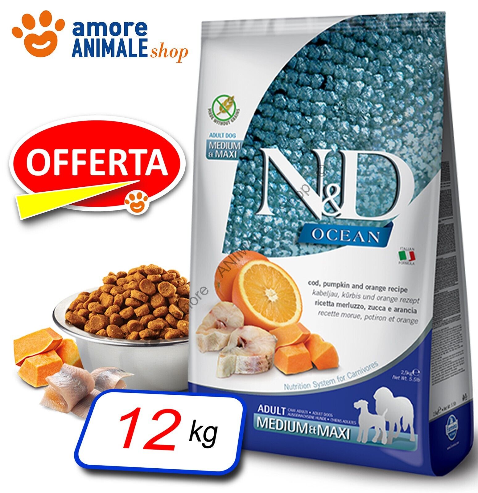 Farmina Dog N&D Ocean Adult Medium / Maxi → Merluzzo, Zucca e Arancia - 12 kg