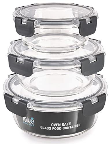 Igluu Meal Prep - Set di 3 contenitori rotondi in vetro - Contenitori per (D2q)